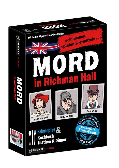 Box mit dem Titel "Mord in Richman Hall", britische Flagge, Charaktere: Lady Abigail, Earl of Rich, Sam Wise, Krimispiel.