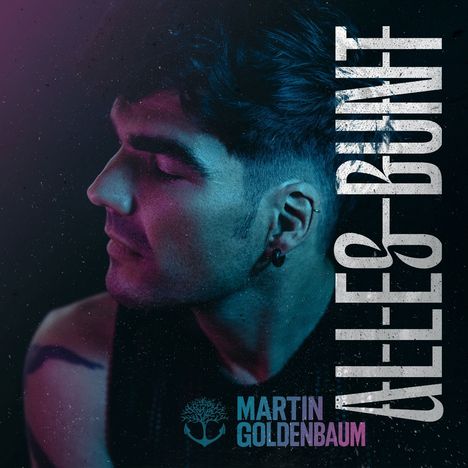 Großer Text: "ALLES BUNT", "MARTIN GOLDENBAUM". Ein Mann mit geschlossenen Augen, beleuchtet in lila und blau. Unten ein Baum-Logo.