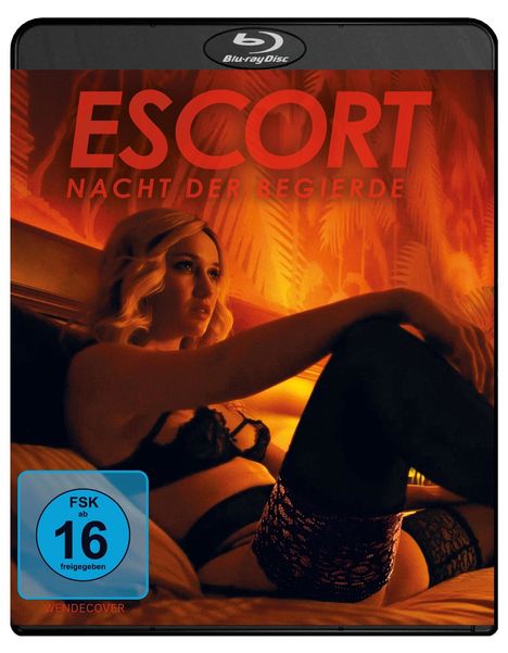 Texte: "ESCORT NACH DER BEGIERDE", "FSK ab 16 freigegeben", "WENDECOVER".  
Eine Frau in Dessous liegt auf einem Bett.