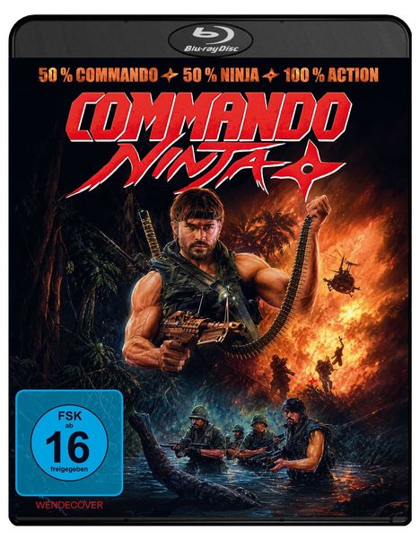 „50 % Commando, 50 % Ninja, 100 % Action“. Illustration: Muskelbepackter Mann mit Waffe vor einer explosiven Szenerie. FSK ab 16.