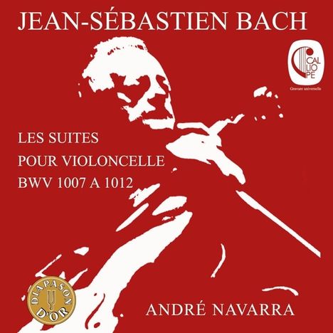 "JEAN-SÉBASTIEN BACH, LES SUITES POUR VIOLONCELLE BWV 1007 A 1012, ANDRÉ NAVARRA." Rotes Design mit Cellospieler-Silhouette.