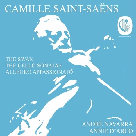"Camille Saint-Saëns" und "The Swan" stehen oben auf blauem Hintergrund. Silhouette eines Musikers mit Cello.