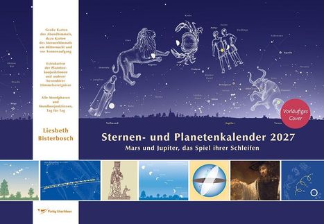 "Vorläufiges Cover: Sternen- und Planetenkalender 2027. Illustrationen von Sternbildern am Nachthimmel mit Text über Planeten."