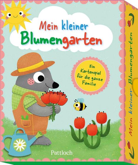 „Mein kleiner Blumengarten“, „Ein Kartenspiel für die ganze Familie“, Illustration eines Maulwurfs mit Blumen.