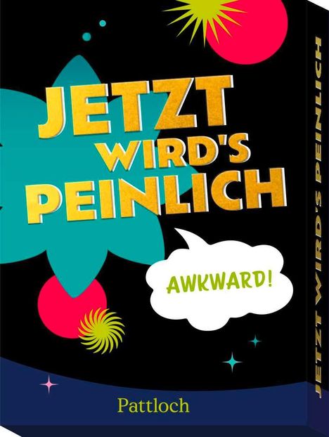 Text: "JETZT WIRD'S PEINLICH", "AWKWARD!", "Pattloch". Bunte, verspielte Grafik mit Sternen und Kreisen.