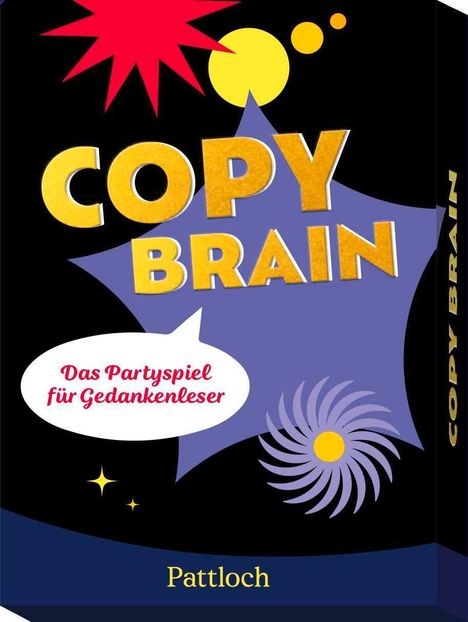 "Das Partyspiel für Gedankenleser", "COPY BRAIN", "Pattloch". Farbenfrohe Grafiken mit Sternen und Kreisen.