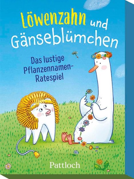 Text: "Löwenzahn und Gänseblümchen. Das lustige Pflanzennamen-Ratespiel. Pattloch." Illustration: Löwe und Gans auf Wiese.