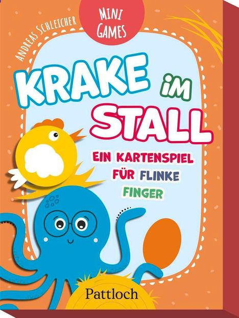 Titel: "Krake im Stall", ein Kartenspiel für flinke Finger. Illustration einer blauen Krake und eines gelben Kükens.