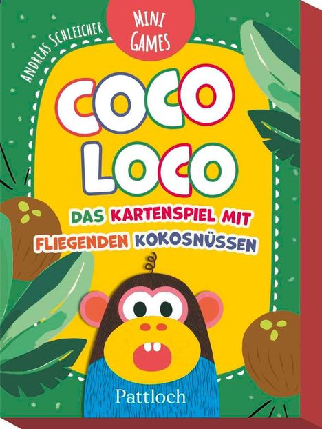 „Coco Loco: Das Kartenspiel mit fliegenden Kokosnüssen“ in bunten Buchstaben auf gelbem Hintergrund, mit Affe.