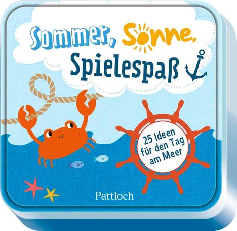 „Sommer, Sonne, Spielespaß.“ Rote Krabbe hält ein Seil, Seesterne und Fische im Wasser. „25 Ideen für den Tag am Meer.“