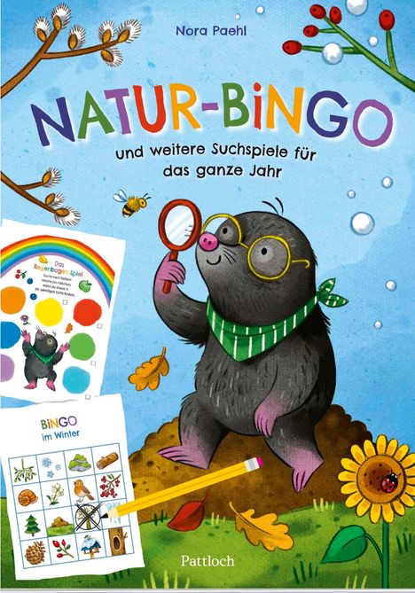 "NATUR-BINGO und weitere Suchspiele für das ganze Jahr" zeigt einen Maulwurf mit Lupe und Brille, umgeben von Natur.