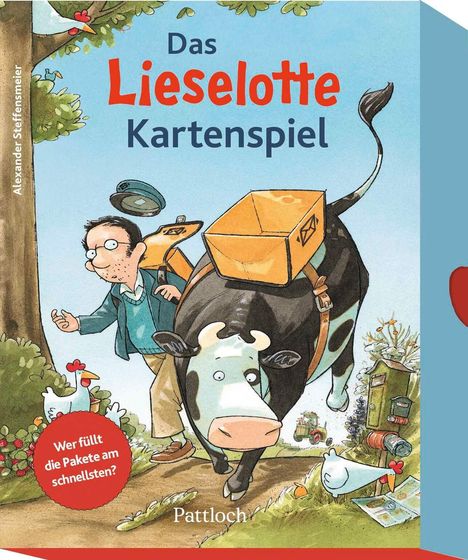 „Das Lieselotte Kartenspiel“. „Wer füllt die Pakete am schnellsten?“ Illustration: Mann und Kuh mit Paketen auf dem Rücken.