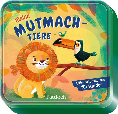 "Meine MUTMACH-TIERE", "Affirmationskarten für Kinder". Illustrationen von einem Löwen und einem Tukan auf einem Ast.