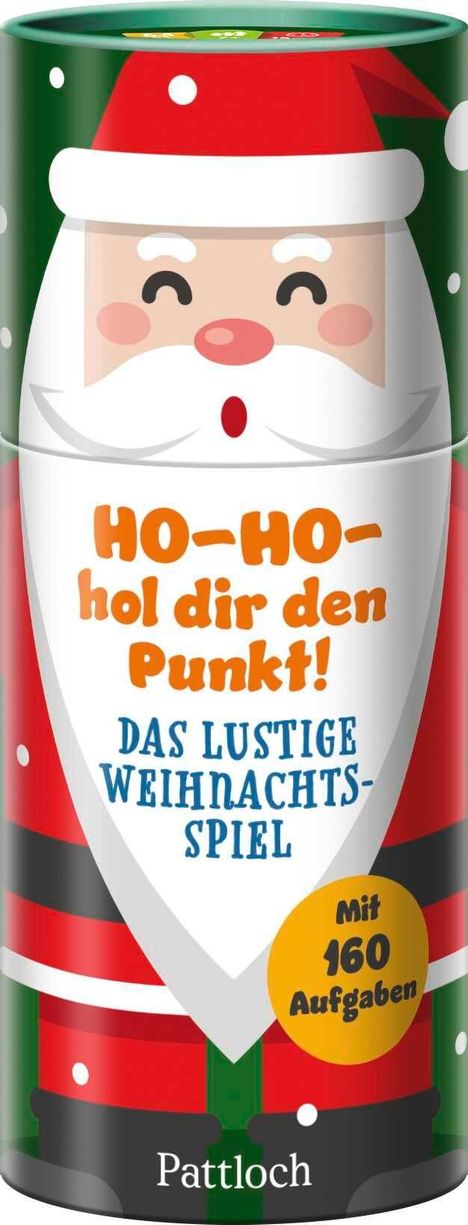 "HO-HO-hol dir den Punkt! DAS LUSTIGE WEIHNACHTSSPIEL. Mit 160 Aufgaben." Illustration eines Weihnachtssantas.