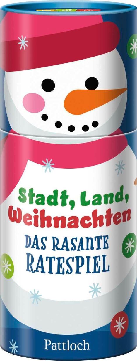 "Stadt, Land, Weihnachten. Das rasante Ratespiel." Ein Schneemann in Schal und Mütze ist abgebildet.
