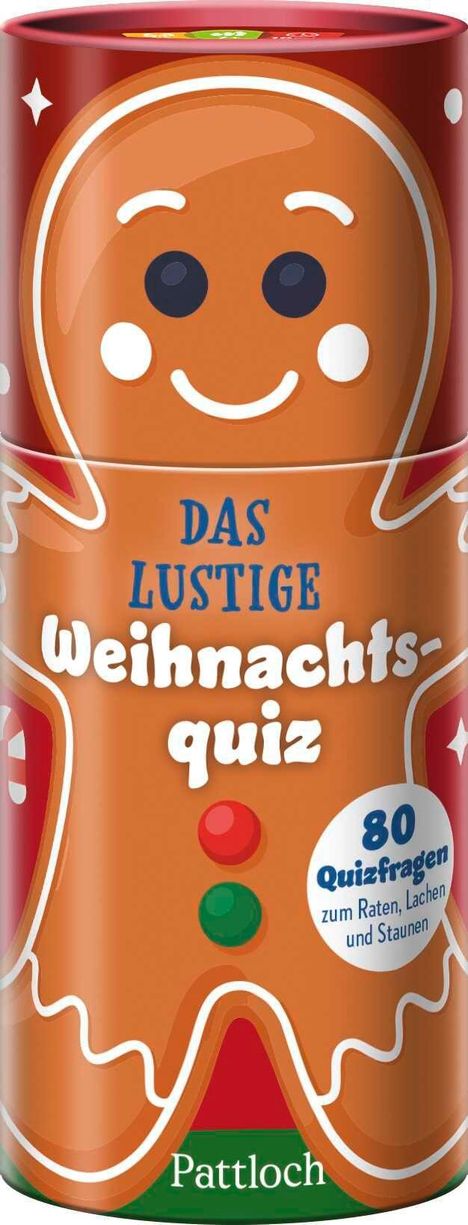 "Das lustige Weihnachtsquiz. 80 Quizfragen zum Raten, Lachen und Staunen." Illustration eines Lebkuchenmanns.