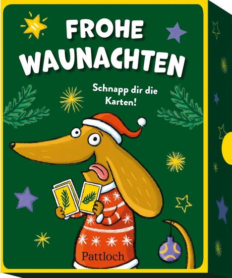 "FROHE WAUNACHTEN" und "Schnapp dir die Karten!" Ein Hund in Weihnachtskleidung hält Karten; bunte Sterne und Zweige.