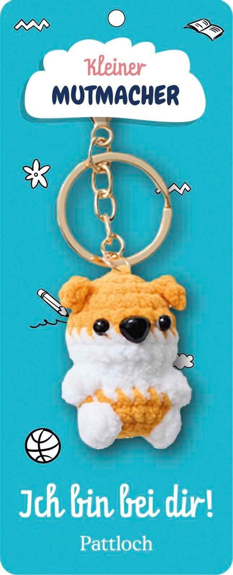 Text: "Kleiner Mutmacher", "Ich bin bei dir!", "Pattloch". Ein flauschiger Hund als Schlüsselanhänger auf blauem Hintergrund.