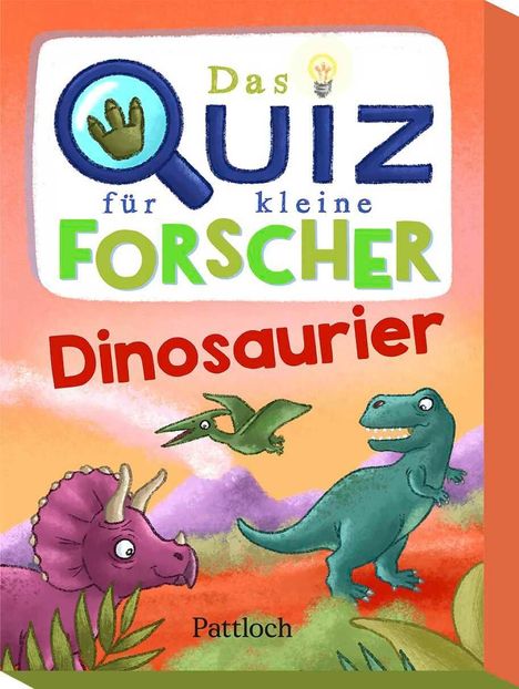 Text: „Das Quiz für kleine Forscher. Dinosaurier.“ Illustration von Dinosauriern in bunter Landschaft.