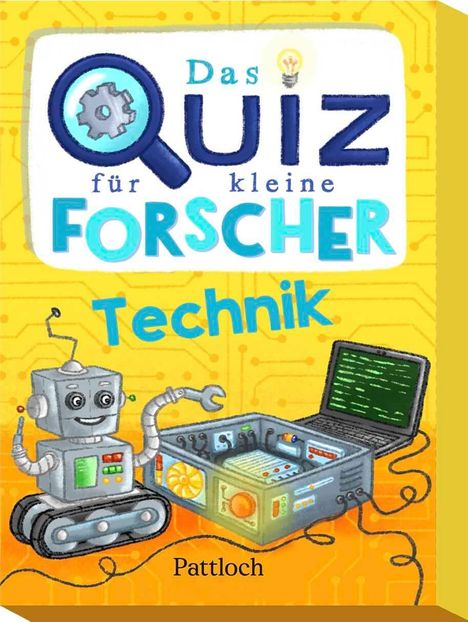 „Das Quiz für kleine Forscher: Technik“. Ein fröhlicher Roboter mit einem Laptop auf gelbem Hintergrund.