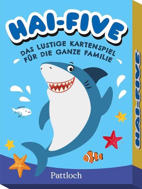 „HAI-FIVE“ – Ein lustiges Kartenspiel für die ganze Familie. Fröhlicher Hai, Fische, Seesterne, Verlag Pattloch.
