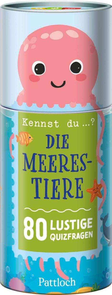 Text: "Kennst du ...? DIE MEERESTIERE 80 LUSTIGE QUIZFRAGEN Pattloch." Darstellung eines niedlichen Oktopus.