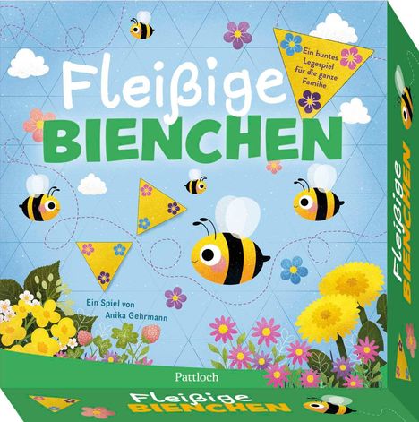 „Fleißige Bienchen“, ein buntes Legespiel für die Familie. Illustrationen: Bienen, Blumen und geometrische Formen.