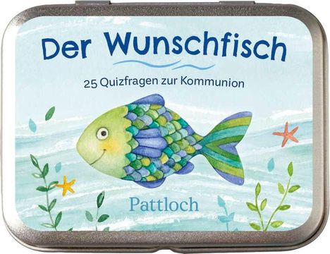 "Der Wunschfisch, 25 Quizfragen zur Kommunion, Pattloch." Illustration eines bunten Fisches und Pflanzen im Wasser.
