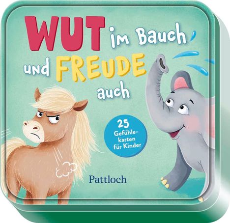 „WUT im Bauch und FREUDE auch. 25 Gefühlskarten für Kinder.“ Illustration: Ein Pony schaut wütend, ein lächelnder Elefant.