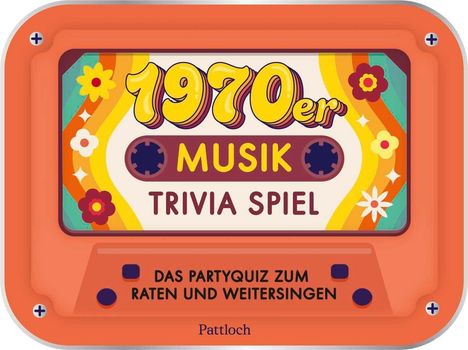 "1970er Musik Trivia Spiel. Das Partyquiz zum Raten und Weitersingen." Farbenfrohe Kassette mit Blumenmotiv.
