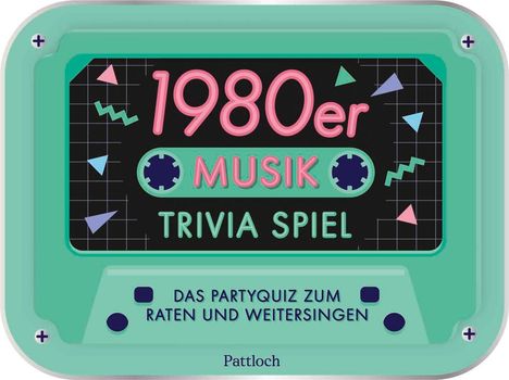 "1980er MUSIK TRIVIA SPIEL" und "DAS PARTYQUIZ ZUM RATEN UND WEITERSINGEN" in Retro-Design auf mintgrünem Hintergrund.
