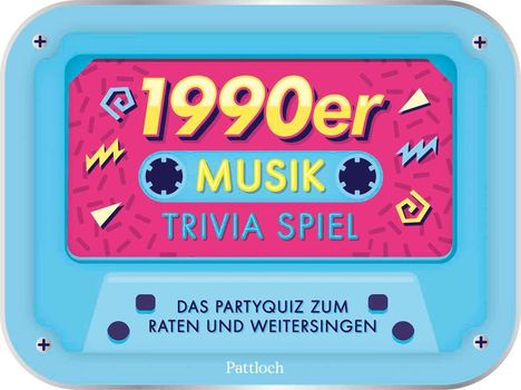„1990er MUSIK TRIVIA SPIEL“, darunter: „DAS PARTYQUIZ ZUM RATEN UND WEITERSINGEN“. Illustration einer Kassette.