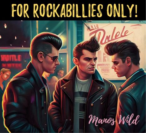 Texte: "FOR ROCKABILLIES ONLY!", "Manos Wild". Illustration von drei Männern im Rockabilly-Stil mit Lederjacken.