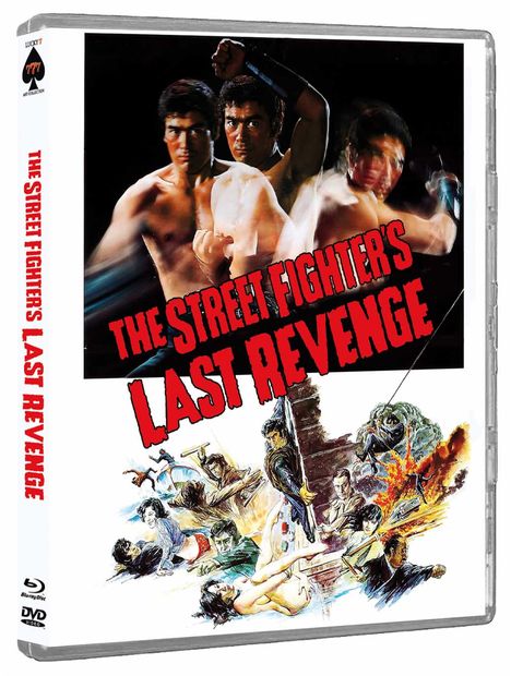 "The Street Fighter's Last Revenge" in roter Schrift, Hintergrund zeigt kämpfende Figuren und actionreiche Szenen.