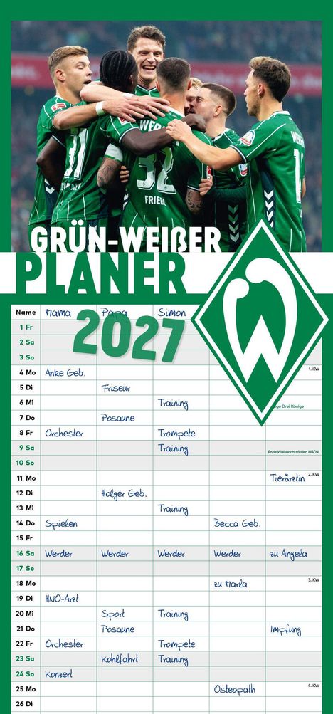 „GRÜN-WEISSER PLANER 2027“. Fußballer in grün-weißen Trikots jubeln. Kalender mit Terminen und ein grünes Logo.