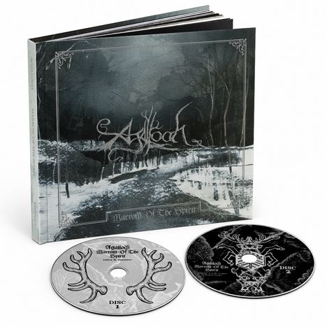Zwei CDs mit dem Text "Marrow of the Spirit" und einem Buch mit Waldbild und verschlungenem Schriftzug auf der Vorderseite.