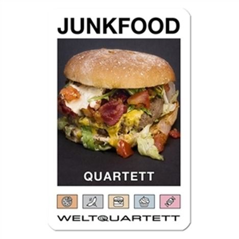 Text: "JUNKFOOD", "QUARTETT", "WELTQUARTETT". Ein großer, belegter Burger mit Salat und Käse auf schwarzem Hintergrund.