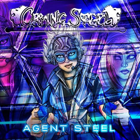 "CRYING STEEL" oben, "AGENT STEEL" unten. Illustration einer futuristischen Person mit Headset, hinter geometrischen Mustern.