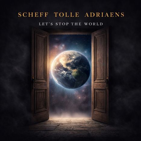"SCHEFF TOLLE ADRIAENS" und "LET'S STOP THE WORLD". Eine geöffnete Tür zeigt den Planeten Erde im Weltraum.