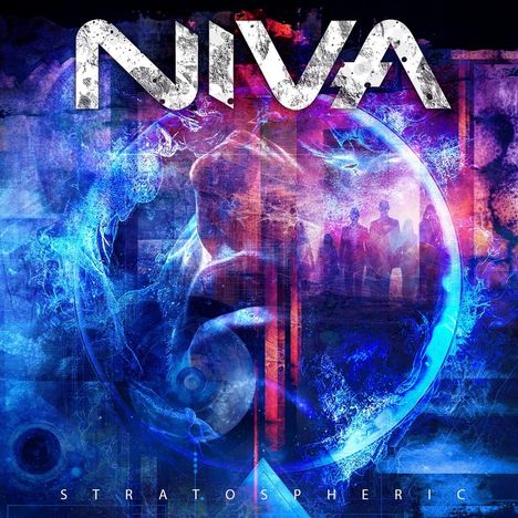 Text: "NIVA", "STRATOSPHERIC".  
Illustration: Blaue und violette Farben, Formen, Silhouetten und Kreise.
