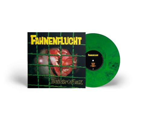 "Fahnenflucht" und "Beißreflex" in Gelb über einem grünen Gitter; ein grüner Vinyl-Schallplatte daneben.