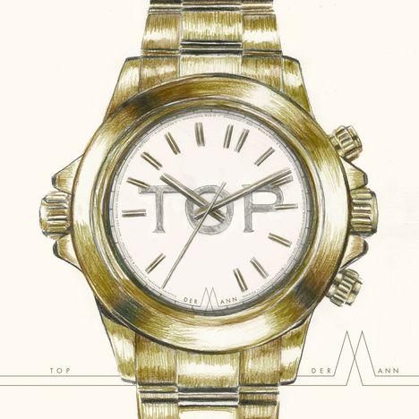 „TOP“ zentriert auf einem runden Zifferblatt einer goldenen Armbanduhr, stilisiert und detailliert gezeichnet.
