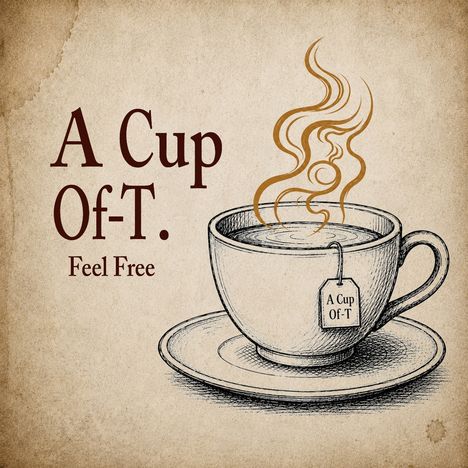 Text: "A Cup Of-T. Feel Free". Illustration einer dampfenden Teetasse mit Etikett.