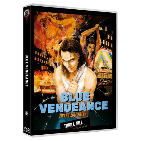 "BLUE VENGEANCE ZWANG ZUM TÖTEN" steht in blauer und orangefarbener Schrift, darunter "THRILL KILL collection". Illustration eines Mannes.