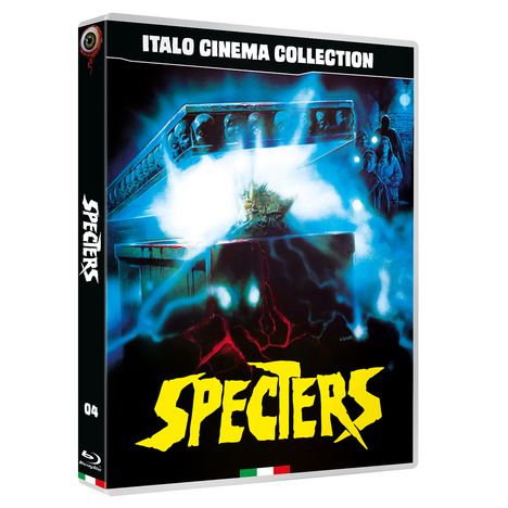 Text: "ITALO CINEMA COLLECTION", "SPECTERS". Illustration mit leuchtendem Sarkophag, bläulichen Lichtern und Figuren im Hintergrund.