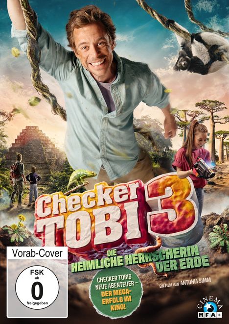 "Checker Tobi 3: Die heimliche Herrscherin der Erde", Vorab-Cover, FSK ab 0. Abenteuerlicher Hintergrund mit Dschungel.