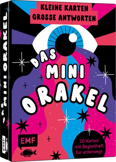 „KLEINE KARTEN GROSSE ANTWORTEN“, „Das Mini Orakel“, „20 Karten mit Begleitheft“. Ein buntes, mystisches Design.