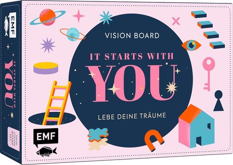 "VISION BOARD: IT STARTS WITH YOU. LEBE DEINE TRÄUME." Illustration mit Planeten, Leiter, Schlüssel und Haus.