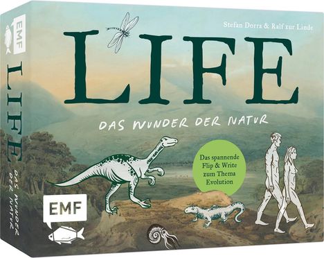 "LIFE – DAS WUNDER DER NATUR. Das spannende Flip & Write zum Thema Evolution." Illustration mit Dinosaurier und Menschen.