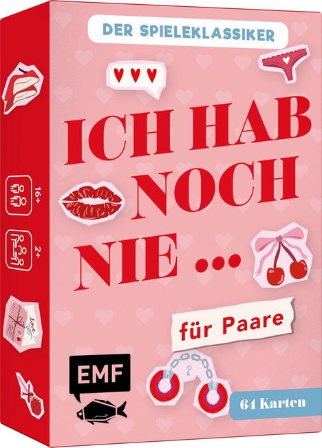 „Der Spieleklassiker. Ich hab noch nie... für Paare. 64 Karten.“ Illustration mit Herzen, Lippen, Kirschen, Würfeln.